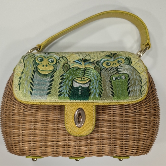 Eric Javits wicker embroidered Hear No EvilSee No Evil Speak No Evil handbag.